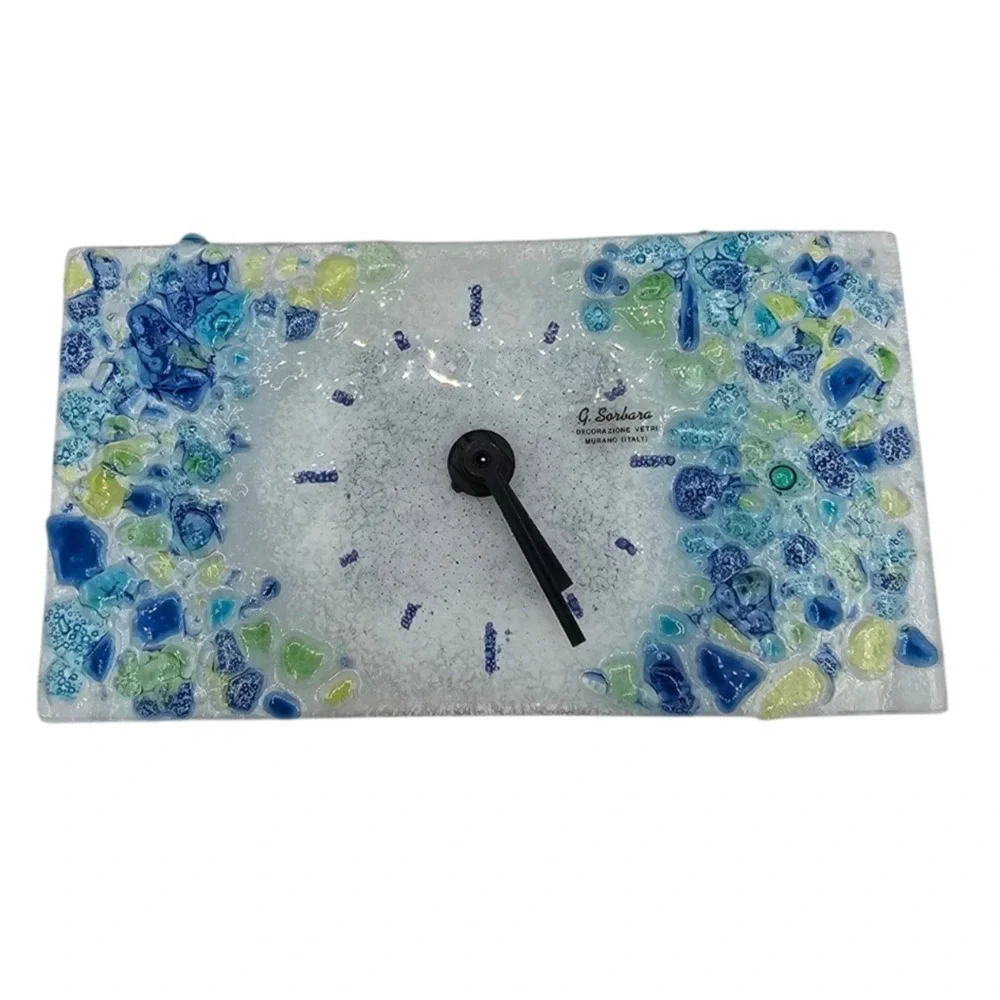 Vintage Murano Glass Art Desk Clock Blue Abstract Handmade MCM Italy